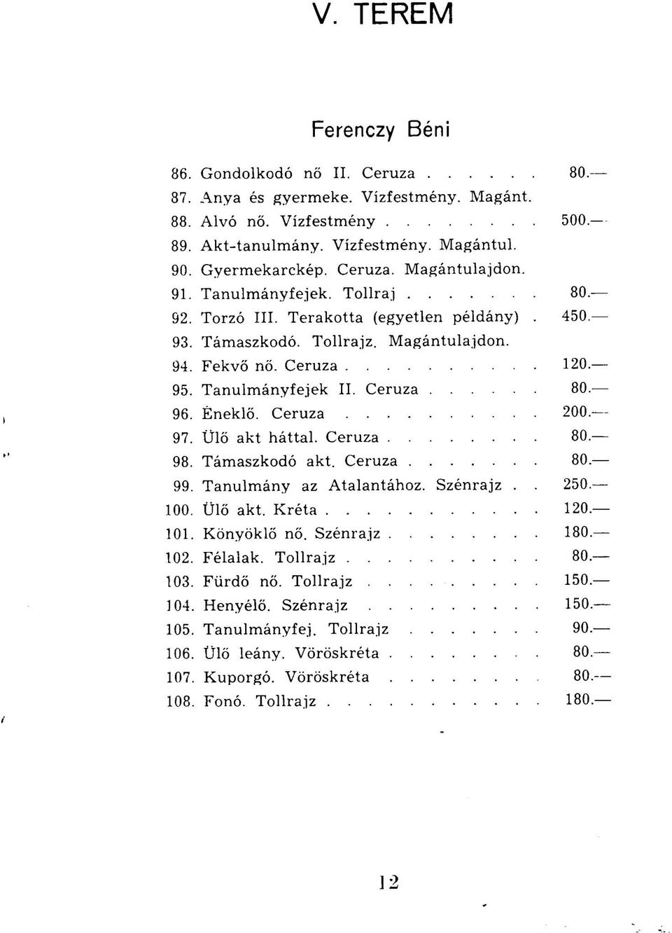 Ceruza 200. 97. Ülő akt háttal. Ceruza 80. 98. Támaszkodó akt. Ceruza 80. 99. Tanulmány az Atalantához. Szénrajz.. 250. 100. Ülő akt. Kréta 120. 101. Könyöklő nő. Szénrajz 180. 102. Félalak.