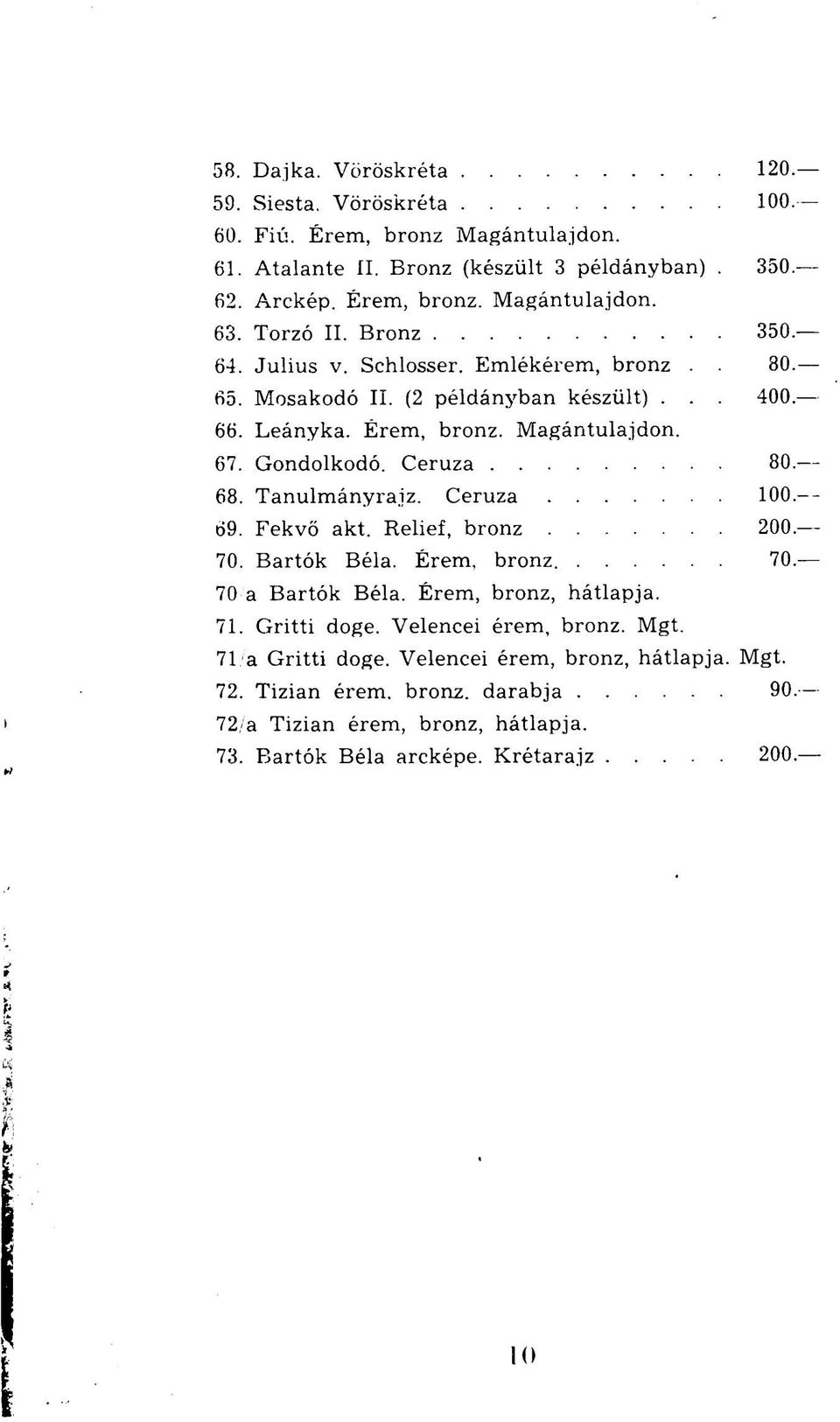 Ceruza 80 68. Tanulmányrajz. Ceruza 100 69. Fekvő akt. Relief, bronz 200 70. Bartók Béla. Érem, bronz 70 70/a Bartók Béla. Érem, bronz, hátlapja. 71. Gritti doge.