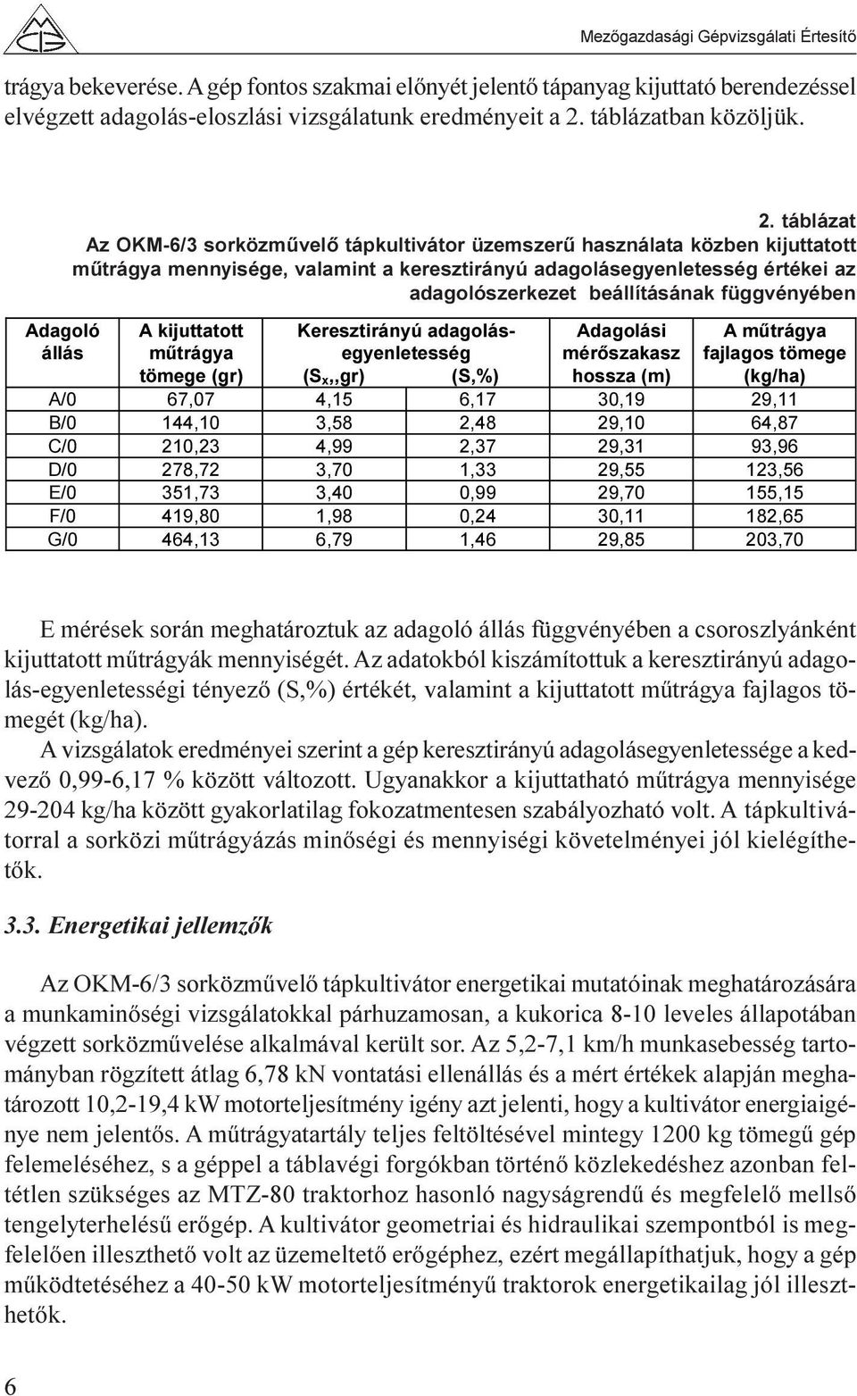 függvényében A kijuttatott műtrágya tömege (gr) Keresztirányú adagolásegyenletesség (S x,,gr) (S,%) Adagolási mérőszakasz hossza (m) A műtrágya fajlagos tömege (kg/ha) A/0 67,07 4,15 6,17 30,19 29,11