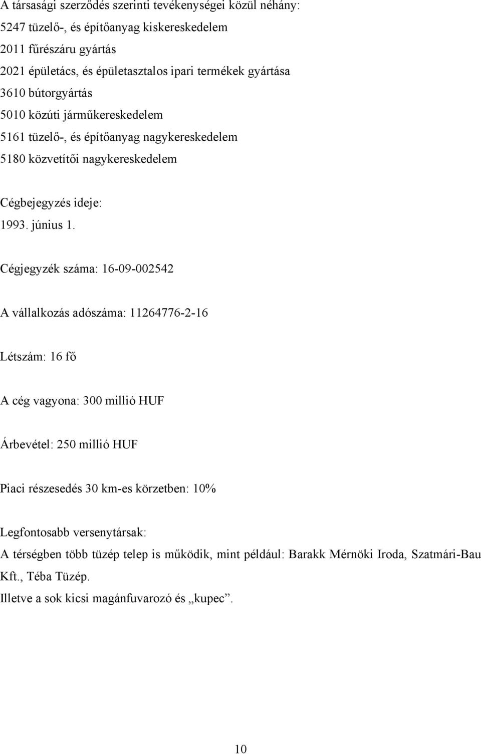 Cégjegyzék száma: 16-09-002542 A vállalkozás adószáma: 11264776-2-16 Létszám: 16 fő A cég vagyona: 300 millió HUF Árbevétel: 250 millió HUF Piaci részesedés 30 km-es körzetben: