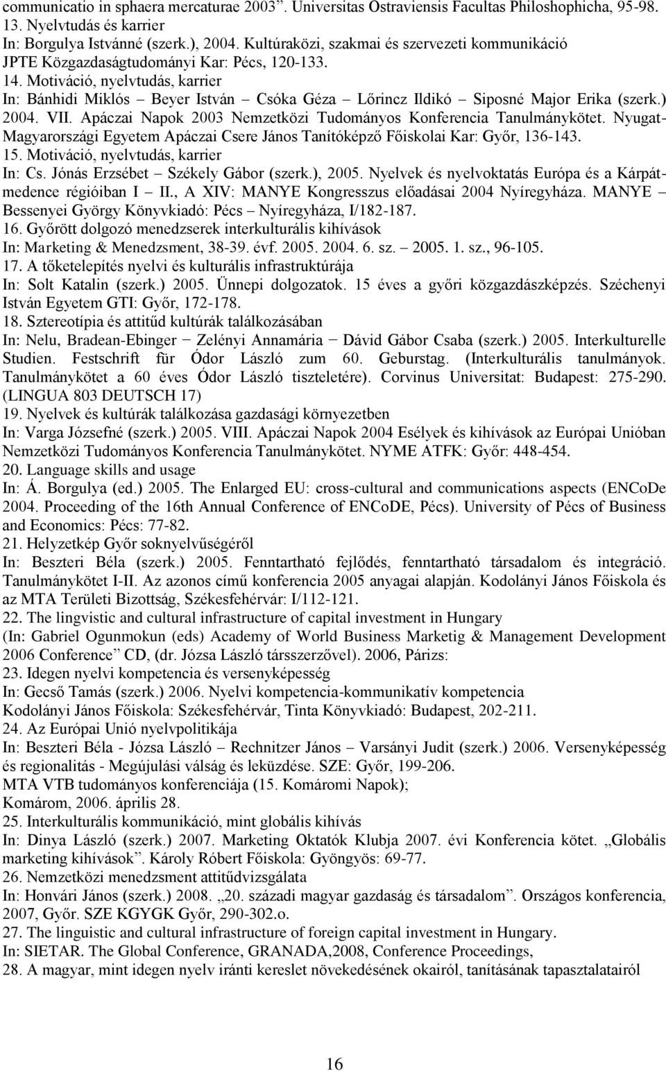 Motiváció, nyelvtudás, karrier In: Bánhidi Miklós Beyer István Csóka Géza Lőrincz Ildikó Siposné Major Erika (szerk.) 2004. VII. Apáczai Napok 2003 Nemzetközi Tudományos Konferencia Tanulmánykötet.