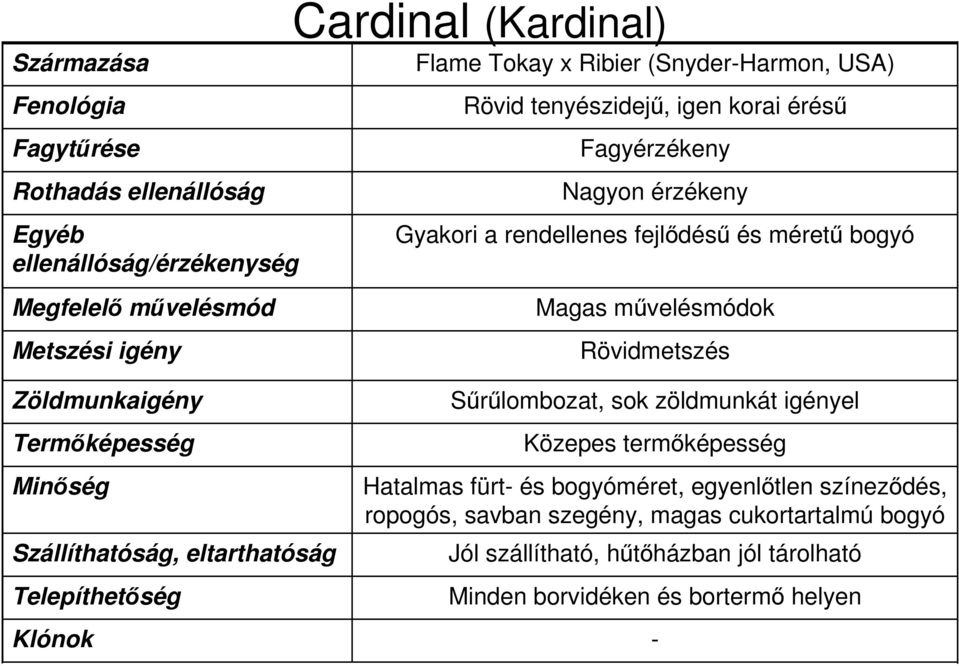 Rövidmetszés Sűrűlombozat, sok zöldmunkát igényel Közepes termőképesség Hatalmas fürt és bogyóméret,