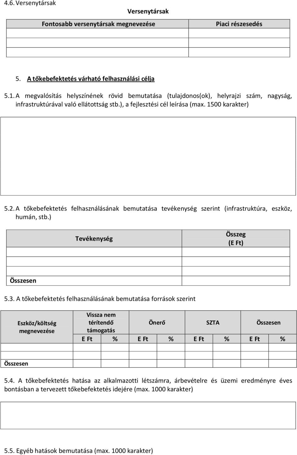 A tőkebefektetés felhasználásának bemutatása tevékenység szerint (infrastruktúra, eszköz, humán, stb.) Tevékenység Összeg (E Ft) Összesen 5.3.