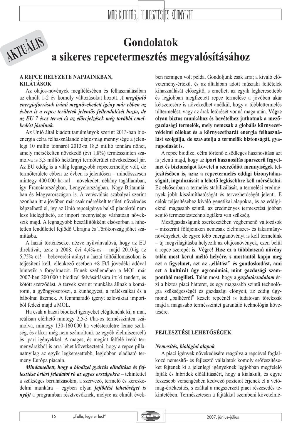 Az Unió által kiadott tanulmányok szerint 2013-ban bioenergia célra felhasználandó olajosmag mennyisége a jelenlegi 10 millió tonnáról 2013-ra 18,5 millió tonnára nõhet, amely mérsékelten növekedõ