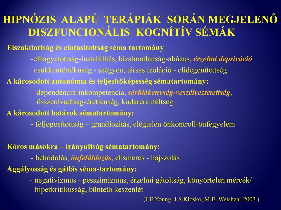 összeolvadtság-éretlenség, kudarcra itéltség A károsodott határok sématartomány: - feljogosítottság grandiozitás, elégtelen önkontroll-önfegyelem Kóros másokra irányultság sématartomány: - behódolás,