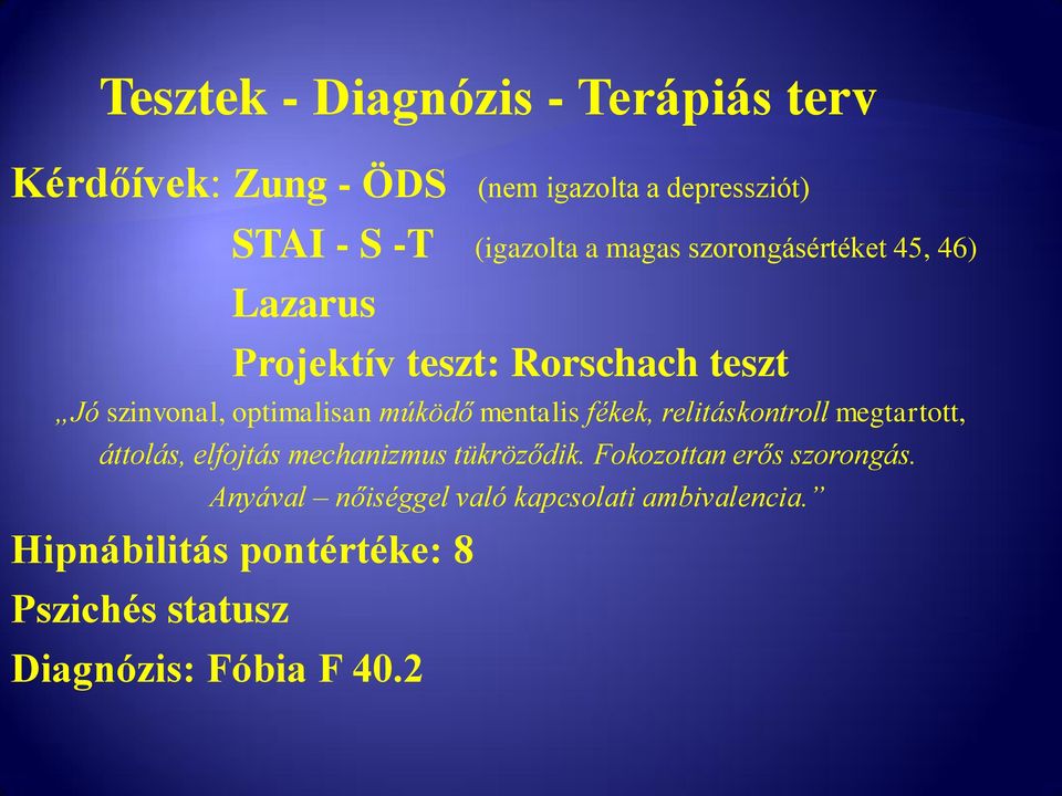 mentalis fékek, relitáskontroll megtartott, áttolás, elfojtás mechanizmus tükröződik.