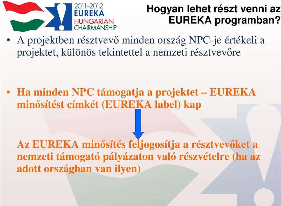 nemzeti résztvevőre Ha minden NPC támogatja a projektet EUREKA minősítést címkét (EUREKA
