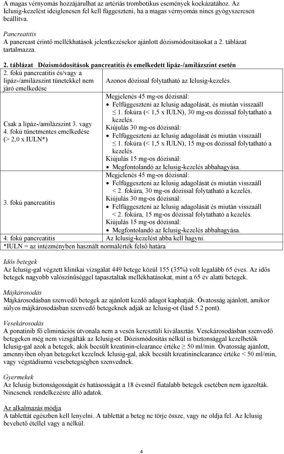 fokú pancreatitis és/vagy a lipáz-/amilázszint tünetekkel nem Azonos dózissal folytatható az Iclusig-kezelés. járó emelkedése Csak a lipáz-/amilázszint 3. vagy 4.