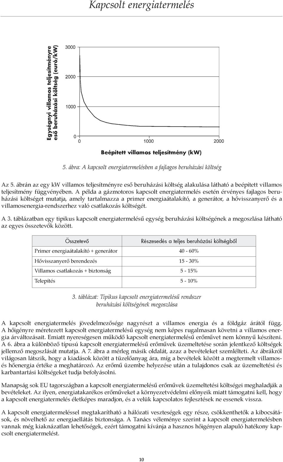 A példa a gázmotoros kapcsolt energiatermelés esetén érvényes fajlagos beruházási költséget mutatja, amely tartalmazza a primer energiaátalakító, a generátor, a hővisszanyerő és a