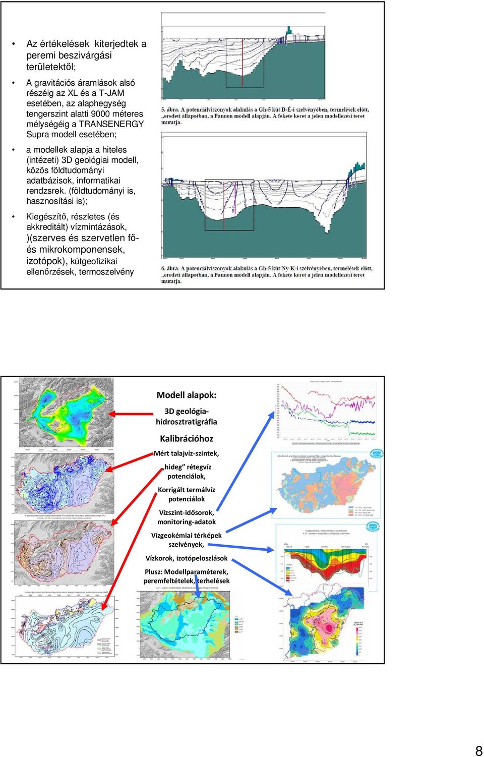 (földtudományi is, hasznosítási is); Kiegészítő, részletes (és akkreditált) vízmintázások, )(szerves és szervetlen főés mikrokomponensek, izotópok), kútgeofizikai ellenőrzések, termoszelvény Modell