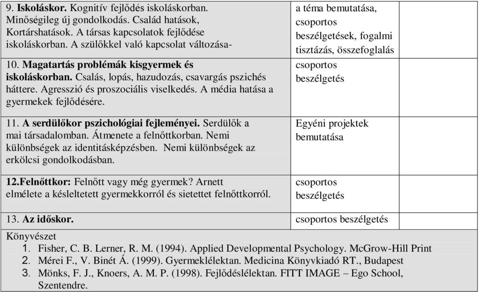 A serdülőkor pszichológiai fejleményei. Serdülők a mai társadalomban. Átmenete a felnőttkorban. Nemi különbségek az identitásképzésben. Nemi különbségek az erkölcsi gondolkodásban. 12.