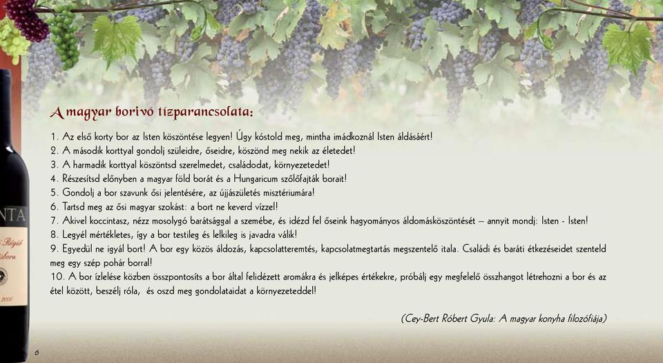 Részesítsd előnyben a magyar föld borát és a Hungaricum szőlőfajták borait! 5. Gondolj a bor szavunk ősi jelentésére, az újjászületés misztériumára! 6.
