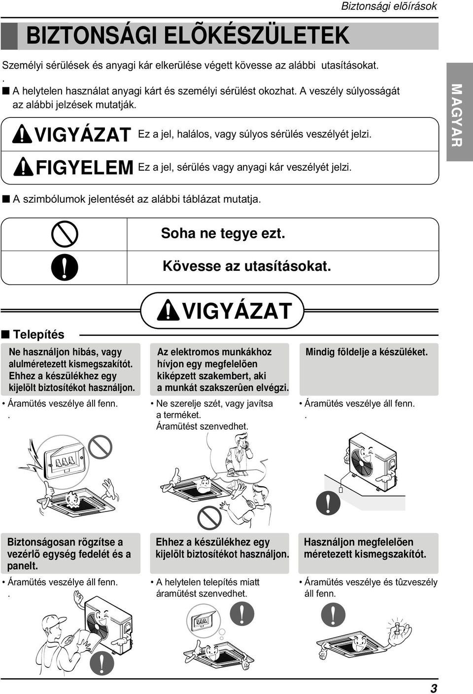 jelentését az alábbi táblázat mutatja Soha ne tegye ezt Kövesse az utasításokat Telepítés Ne használjon hibás, vagy alulméretezett kismegszakítót Ehhez a készülékhez egy kijelölt biztosítékot