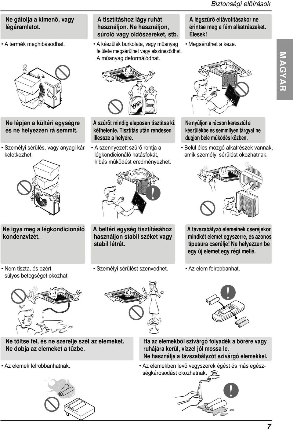 Megsérülhet a kez e MAGYAR Wax Thinner Ne lépjen a kültéri egységre és ne helyezzen rá semmit Személy i sérülés, vagy anyagi kár keletkezhet A szûrõt mindig alaposan tisztítsa ki kéthetente Tisztítás
