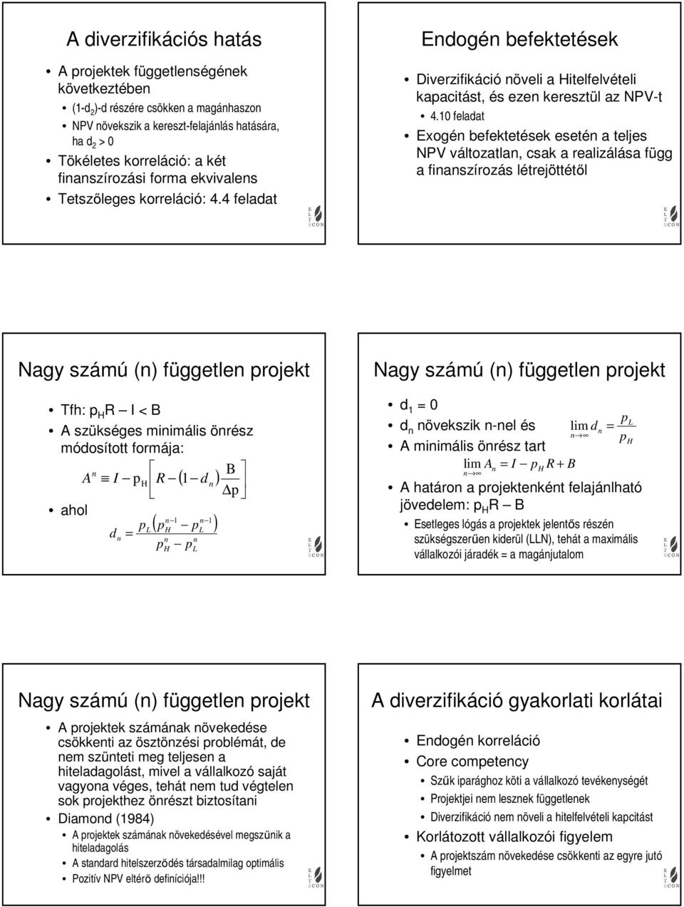 10 feladat Exogén befektetések esetén a teljes NPV változatlan, csak a realizálása függ a finanszírozás létrejöttétől Nagy számú (n) független projekt Tfh: p R I < B A szükséges minimális önrész