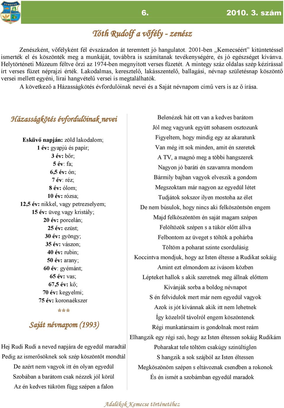 Helytörténeti Múzeum féltve őrzi z 1974-ben megnyitott verses füzetét. A mintegy száz oldls szép kézírássl írt verses füzet néprjzi érték.