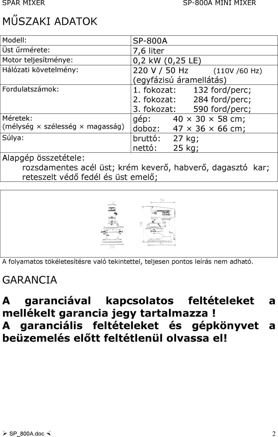 fokozat: 590 ford/perc; Méretek: gép: 40 30 58 cm; (mélység szélesség magasság) doboz: 47 36 66 cm; Súlya: bruttó: 27 kg; nettó: 25 kg; Alapgép összetétele: rozsdamentes acél üst; krém