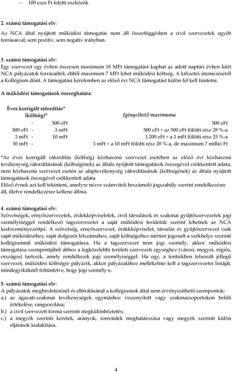 A kifizetés ütemezéséről a Kollégium dönt. A támogatási kérelemben az előző évi NCA támogatást külön fel kell tüntetni.