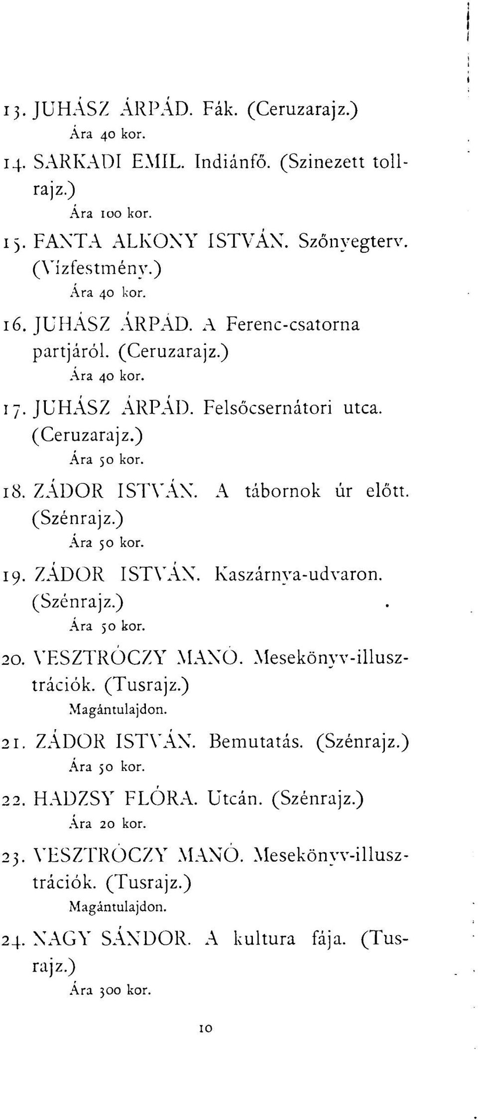 (Szénrajz.) 19. ZÁDOR ISTVÁN. Kaszárnya-udvaron. (Szénrajz.) 20. VESZTRÓCZY MANÓ. Mesekönyv-illusztrációk. (Tusrajz.) 21. ZÁDOR ISTVÁN. Bemutatás. (Szénrajz.) 22.