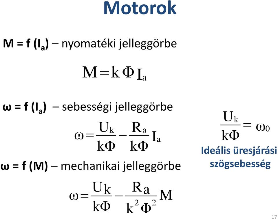 ω = f (M) mechniki jelleggörbe Uk kφ R 2 k Φ I