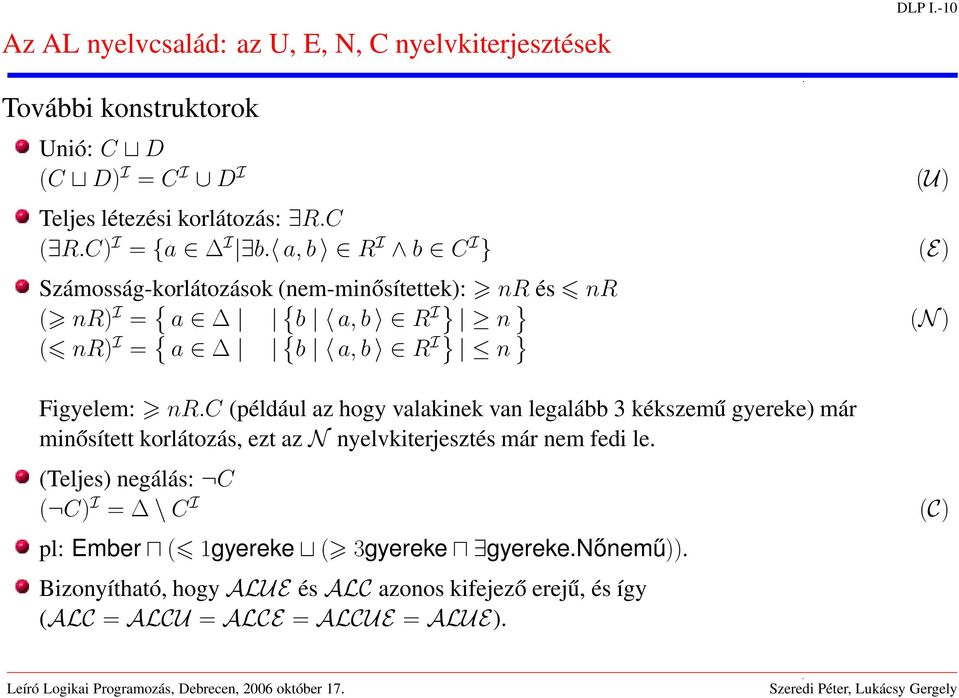 a, b R I b C I } Számosság-korlátozások (nem-minősítettek): nr és nr ( nr) I = { a { b a, b R I} n } (N ) ( nr) I = { a { b a, b R I} n } (U) (E) Figyelem: nr.