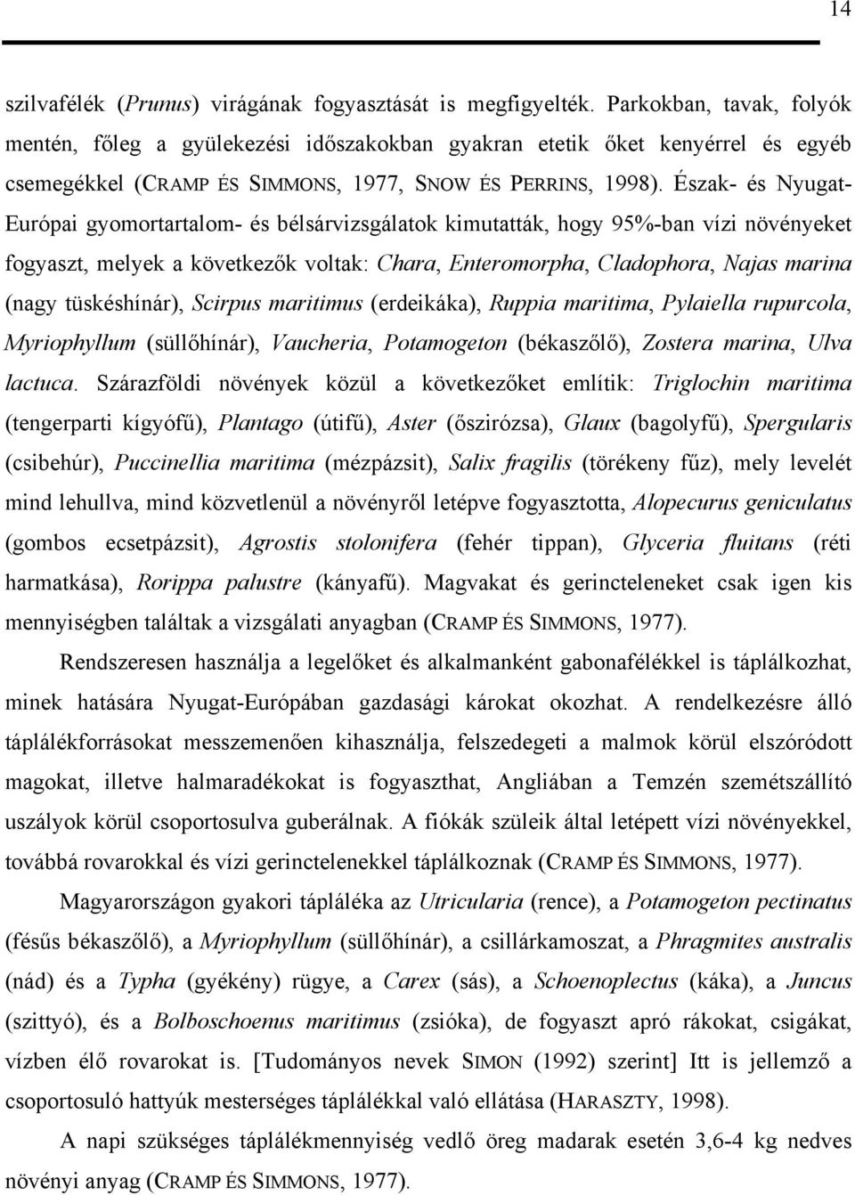 Észak- és Nyugat- Európai gyomortartalom- és bélsárvizsgálatok kimutatták, hogy 95%-ban vízi növényeket fogyaszt, melyek a következők voltak: Chara, Enteromorpha, Cladophora, Najas marina (nagy