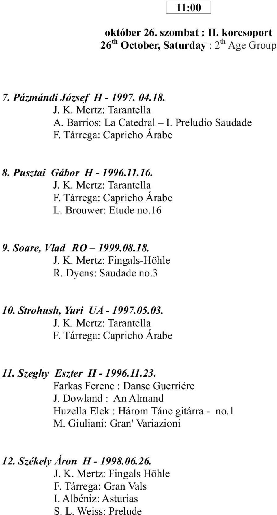 Dyens: Saudade no.3 10. Strohush, Yuri UA - 1997.05.03. J. K. Mertz: Tarantella F. Tárrega: Capricho Árabe 11. Szeghy Eszter H - 1996.11.23. Farkas Ferenc : Danse Guerriére J.