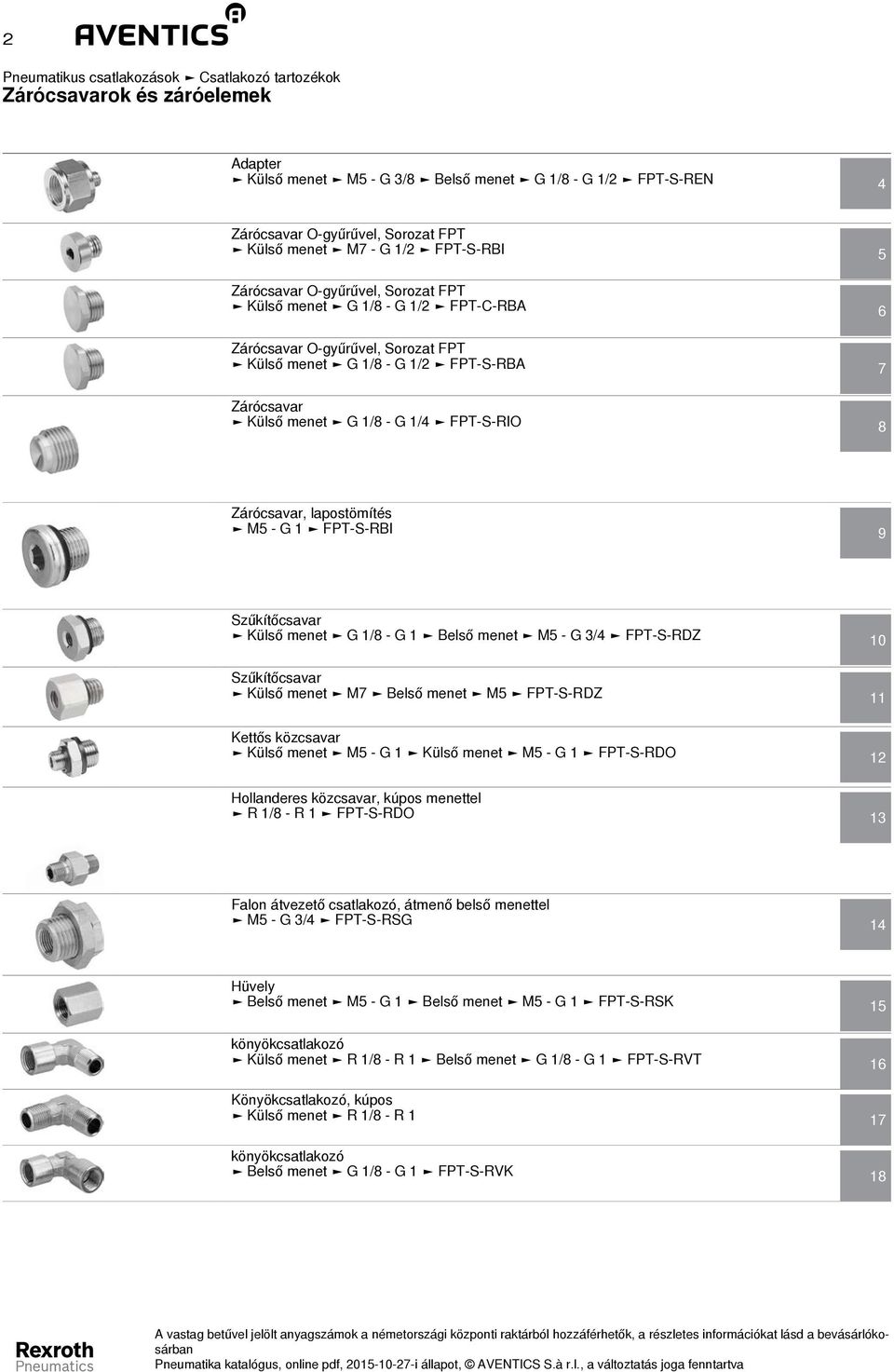 menet 1/8-1 Belső menet M5-3/4 FPT-S-RZ 10 Szűkítőcsavar Külső menet M7 Belső menet M5 FPT-S-RZ 11 Kettős közcsavar Külső menet M5-1 Külső menet M5-1 FPT-S-RO 12 Hollanderes közcsavar, kúpos menettel