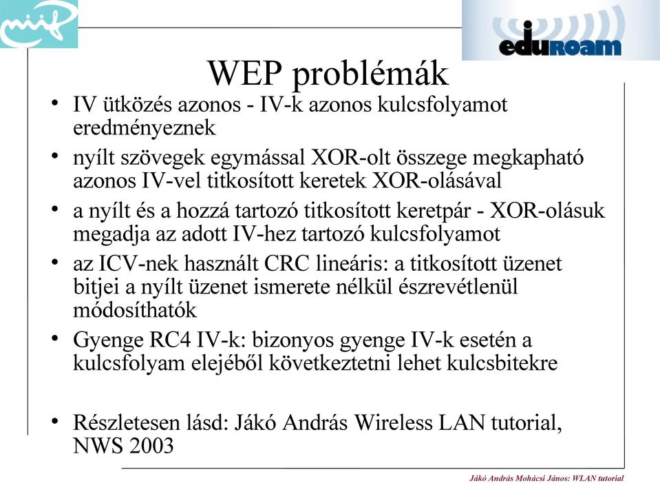 az ICV-nek használt CRC lineáris: a titkosított üzenet bitjei a nyílt üzenet ismerete nélkül észrevétlenül módosíthatók Gyenge RC4 IV-k: