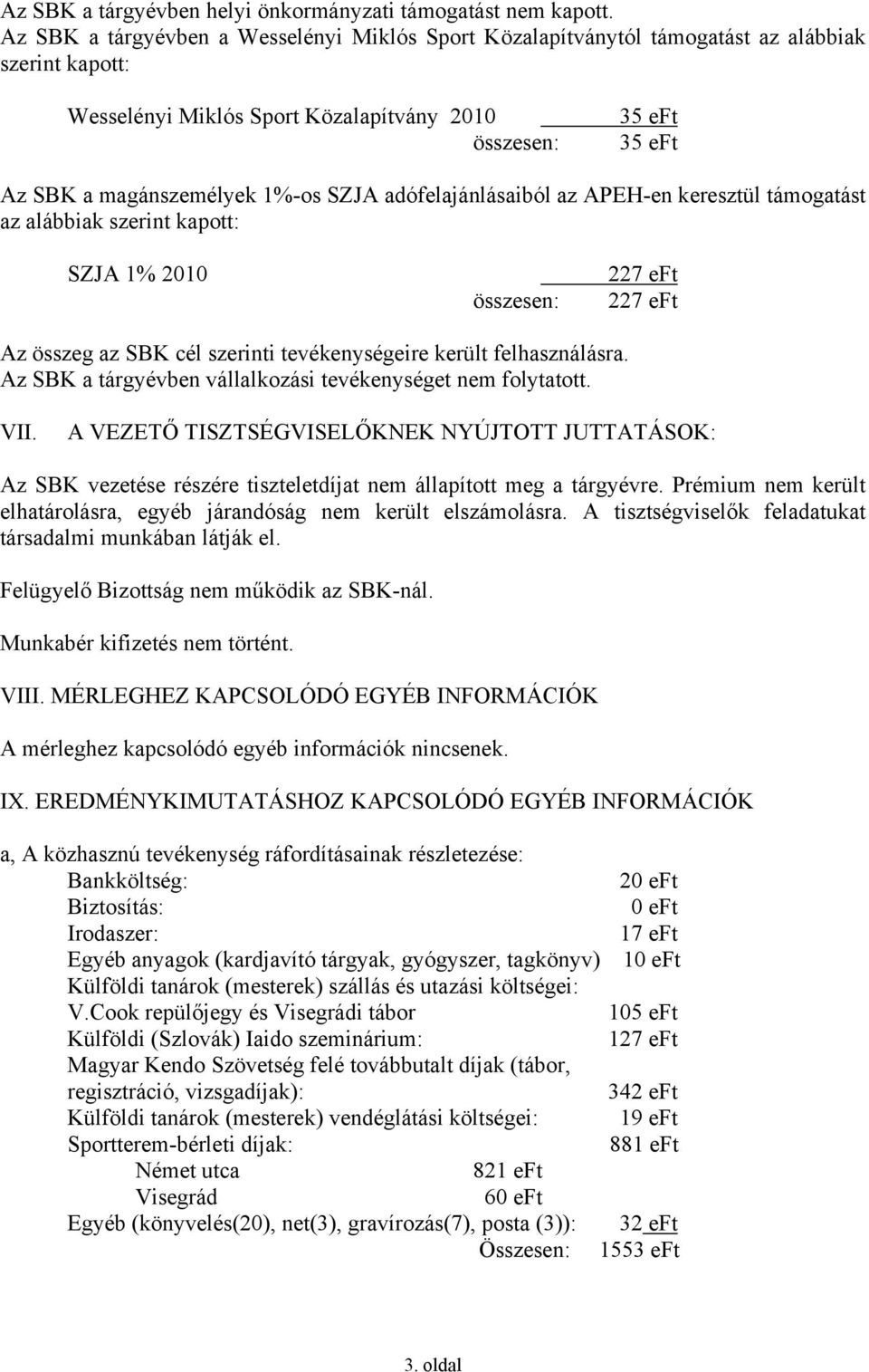 adófelajánlásaiból az APEH-en keresztül támogatást az alábbiak szerint kapott: SZJA 1% 2010 227 eft 227 eft Az összeg az SBK cél szerinti tevékenységeire került felhasználásra.