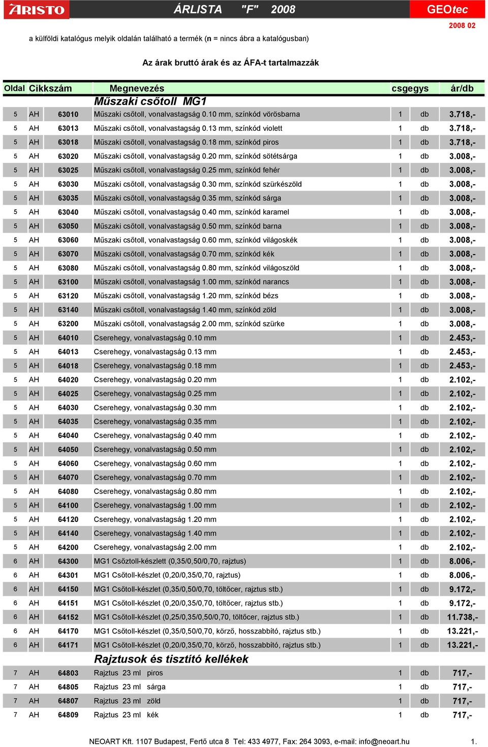 718,- 5 AH 63018 Műszaki csőtoll, vonalvastagság 0.18 mm, színkód piros 1 db 3.718,- 5 AH 63020 Műszaki csőtoll, vonalvastagság 0.20 mm, színkód sötétsárga 1 db 3.