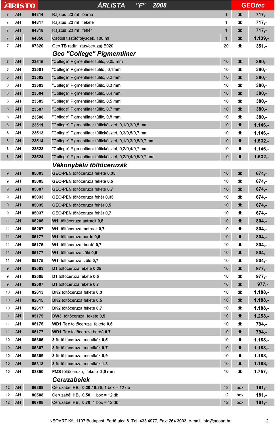 "College" Pigmentliner tűfilc, 0,2 mm 8 AH 23503 "College" Pigmentliner tűfilc, 0,3 mm 8 AH 23504 "College" Pigmentliner tűfilc, 0,4 mm 8 AH 23505 "College" Pigmentliner tűfilc, 0,5 mm 8 AH 23507