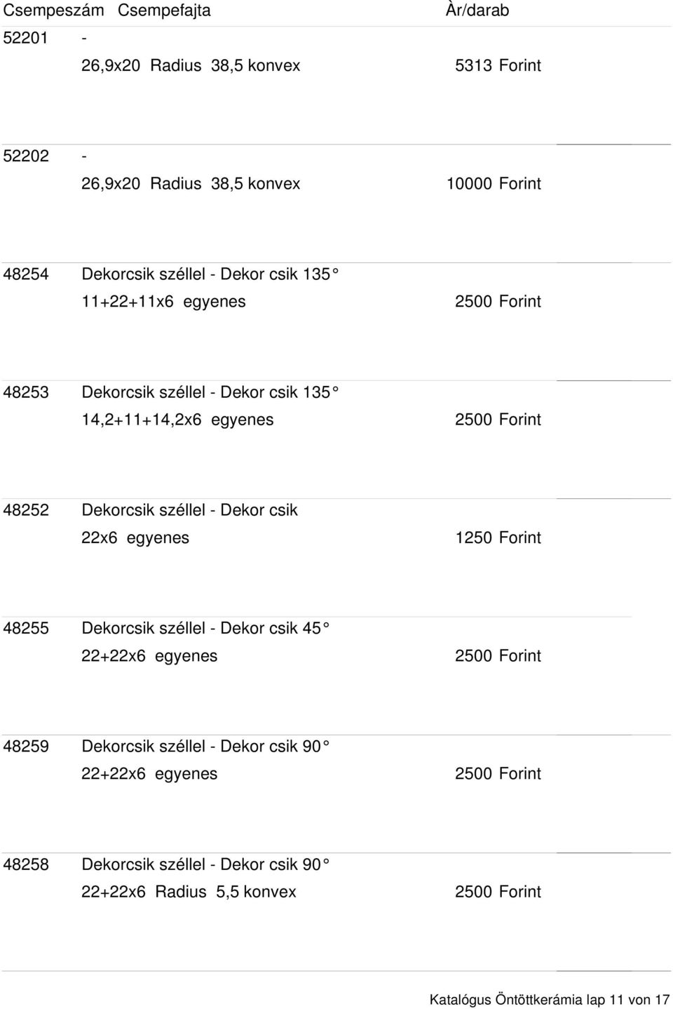 Dekor csik 22x6 egyenes 1250 Forint 48255 Dekorcsik széllel - Dekor csik 45 22+22x6 egyenes 48259 Dekorcsik széllel -