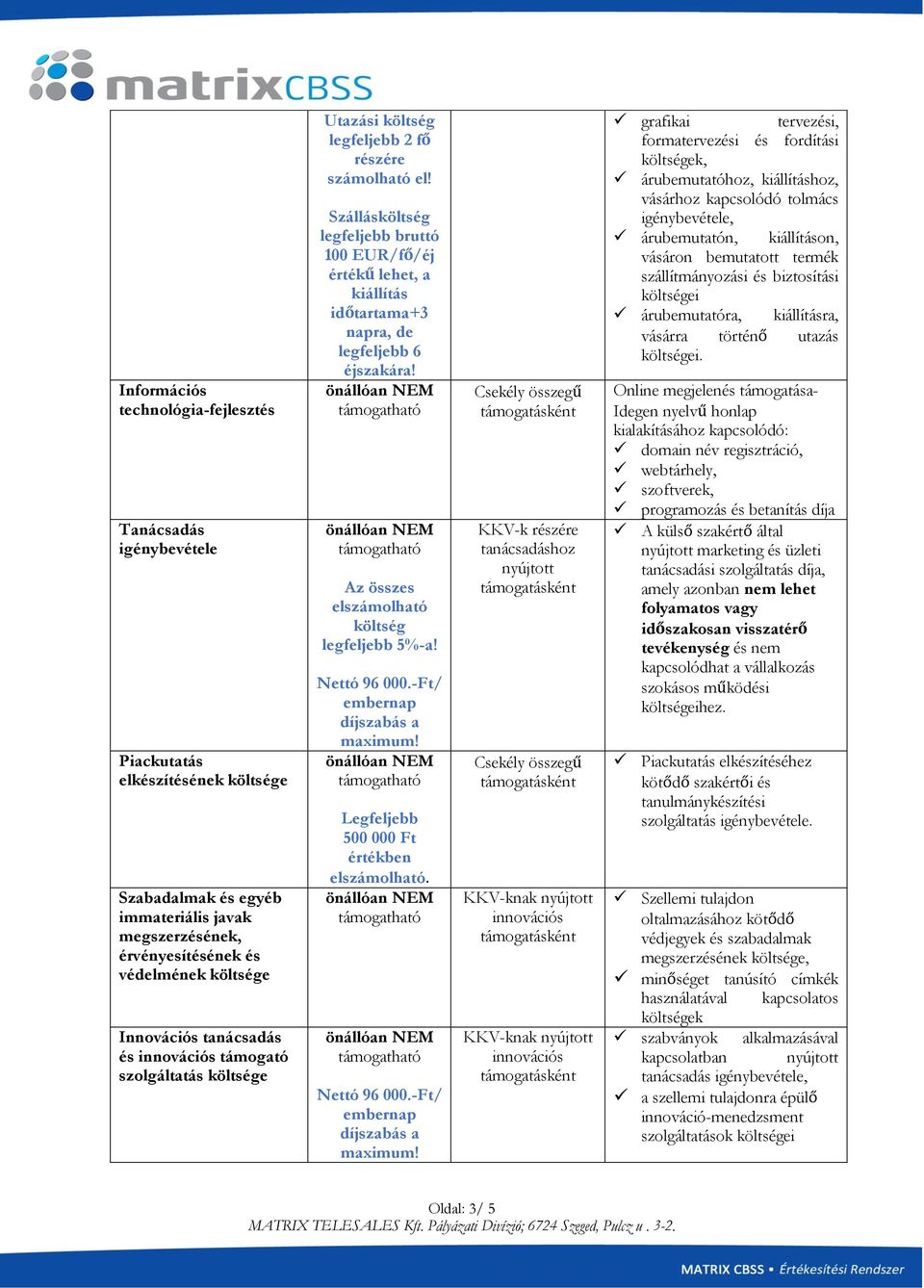 Szállásköltség legfeljebb bruttó 100 EUR/fő/éj értékű lehet, a kiállítás időtartama+3 napra, de legfeljebb 6 éjszakára! Az összes elszámolható költség legfeljebb 5%-a! Nettó 96 000.