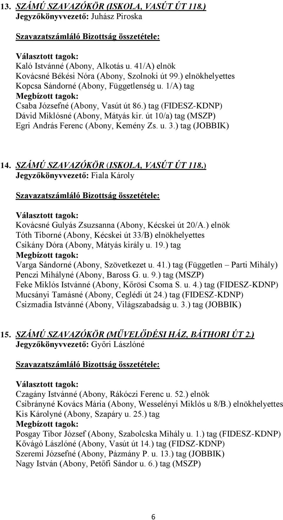 út 10/a) tag (MSZP) Egri András Ferenc (Abony, Kemény Zs. u. 3.) tag (JOBBIK) 14. SZÁMÚ SZAVAZÓKÖR (ISKOLA, VASÚT ÚT 118.