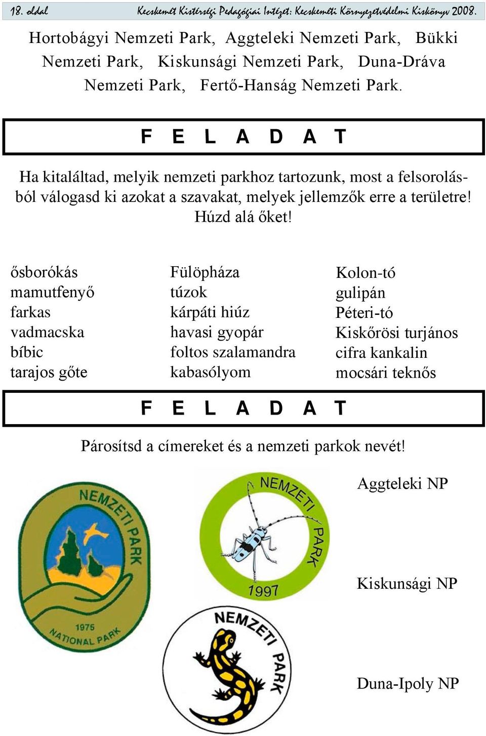 F E L A D A T Ha kitaláltad, melyik nemzeti parkhoz tartozunk, most a felsorolásból válogasd ki azokat a szavakat, melyek jellemzők erre a területre! Húzd alá őket!