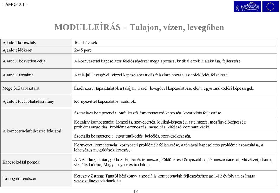 Megelőző tapasztalat Érzékszervi tapasztalatok a talajjal, vízzel, levegővel kapcsolatban, elemi együttműködési képességek. Ajánlott továbbhaladási irány Környezettel kapcsolatos modulok.