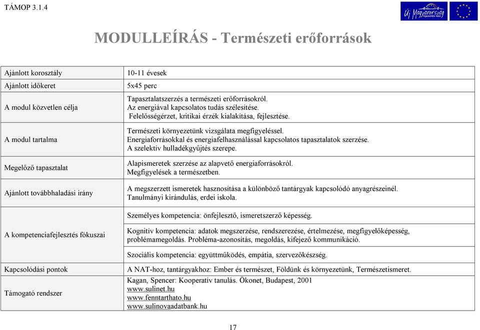 Természeti környezetünk vizsgálata megfigyeléssel. Energiaforrásokkal és energiafelhasználással kapcsolatos tapasztalatok szerzése. A szelektív hulladékgyűjtés szerepe.