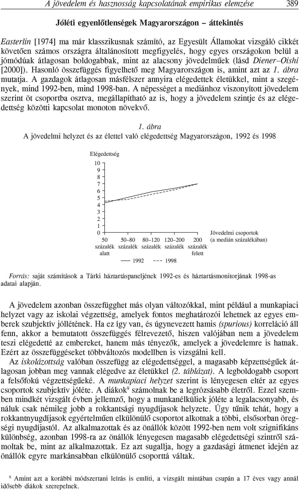 Hasonló összefüggés figyelhetõ meg Magyarországon is, amint azt az 1. ábra mutatja. A gazdagok átlagosan másfélszer annyira elégedettek életükkel, mint a szegények, mind 1992-ben, mind 1998-ban.