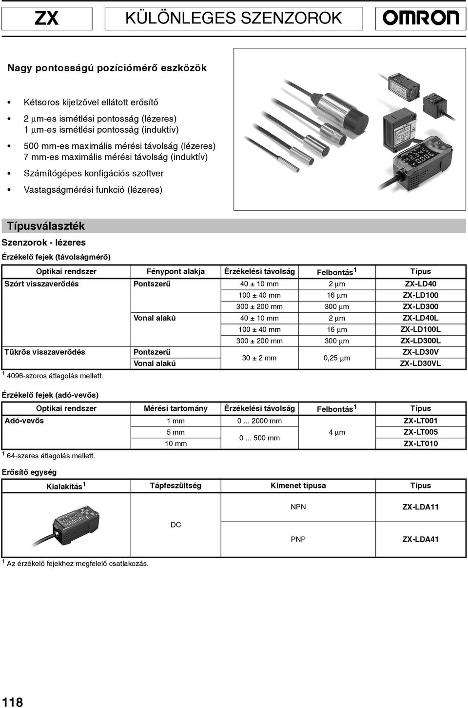 (távolságmérõ) Optikai rendszer Fénypont alakja Érzékelési távolság Felbontás 1 Típus Szórt visszaverõdés Pontszerû 40 ± 10 mm 2 µm ZX-LD40 100 ± 40 mm 16 µm ZX-LD100 300 ± 200 mm 300 µm ZX-LD300