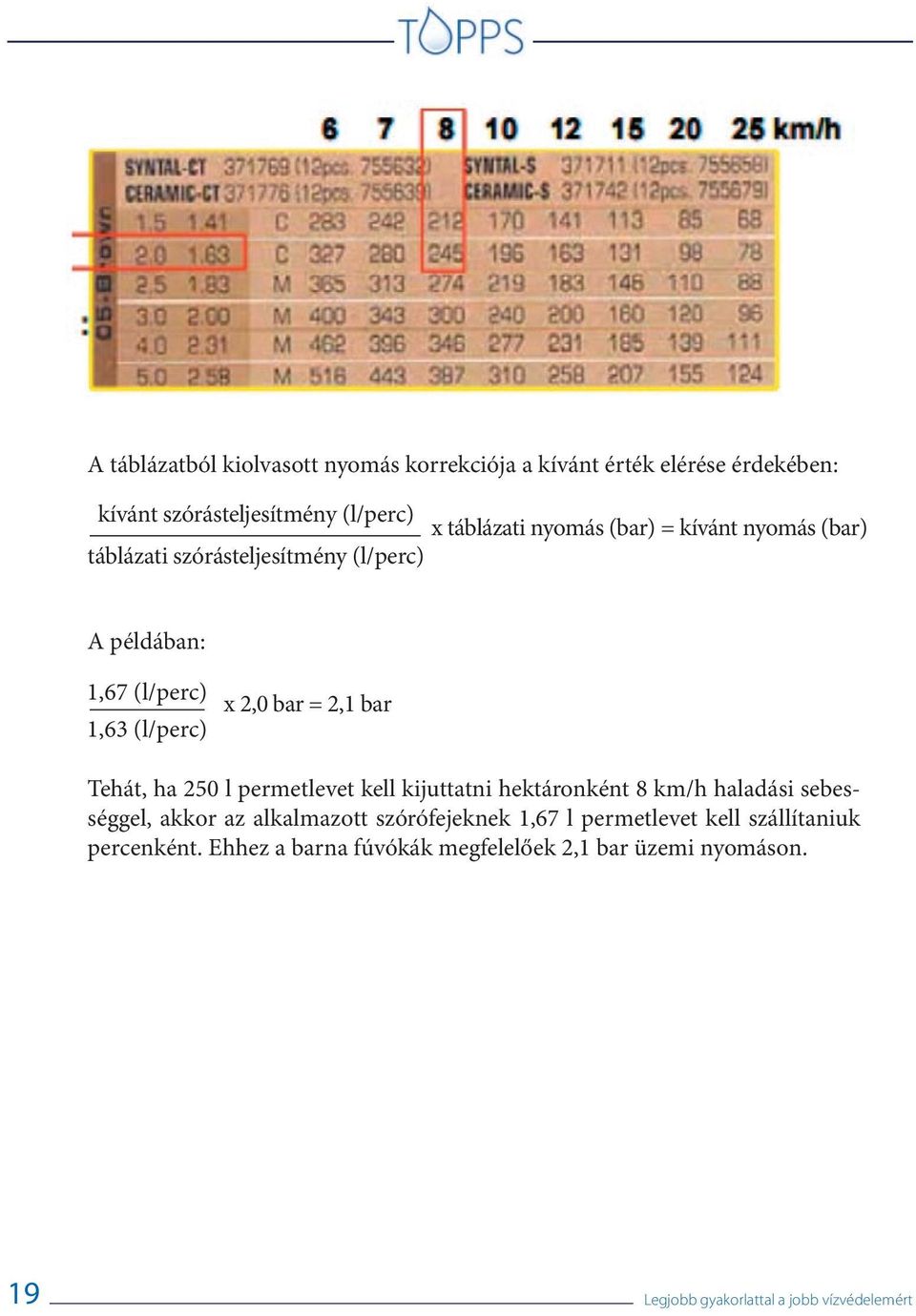 (l/perc) x 2,0 bar = 2,1 bar Tehát, ha 250 l permetlevet kell kijuttatni hektáronként 8 km/h haladási sebességgel, akkor