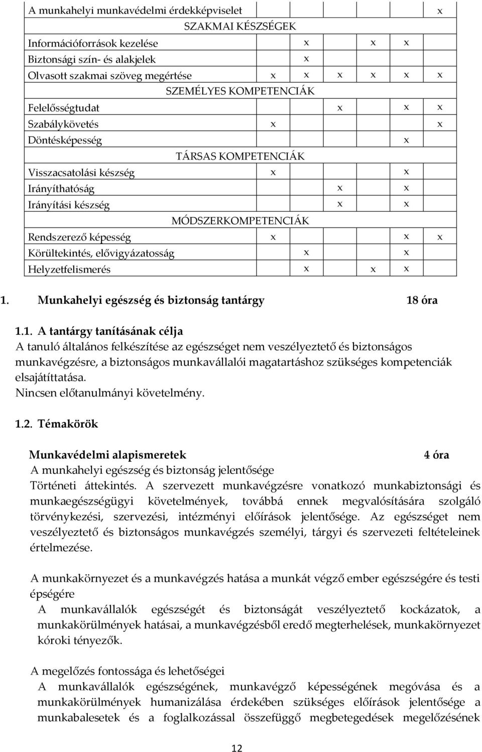 1. Munkahelyi egészség és biztonság tantárgy 18 óra 1.1. A tantárgy tanításának célja A tanuló általános felkészítése az egészséget nem veszélyeztető és biztonságos munkavégzésre, a biztonságos