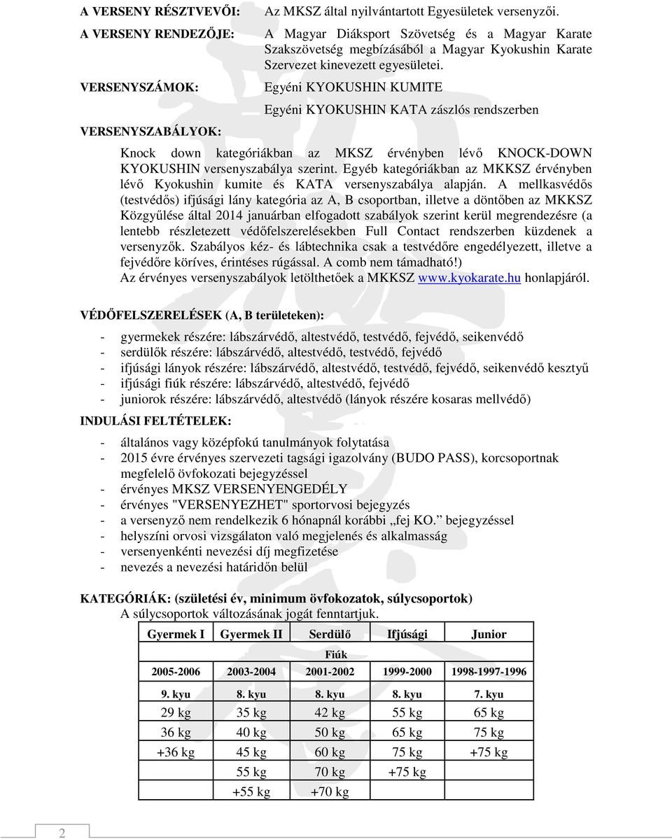 Egyéni KYOKUSHIN KUMITE Egyéni KYOKUSHIN KATA zászlós rendszerben VERSENYSZABÁLYOK: Knock down kategóriákban az MKSZ érvényben lévı KNOCK-DOWN KYOKUSHIN versenyszabálya szerint.