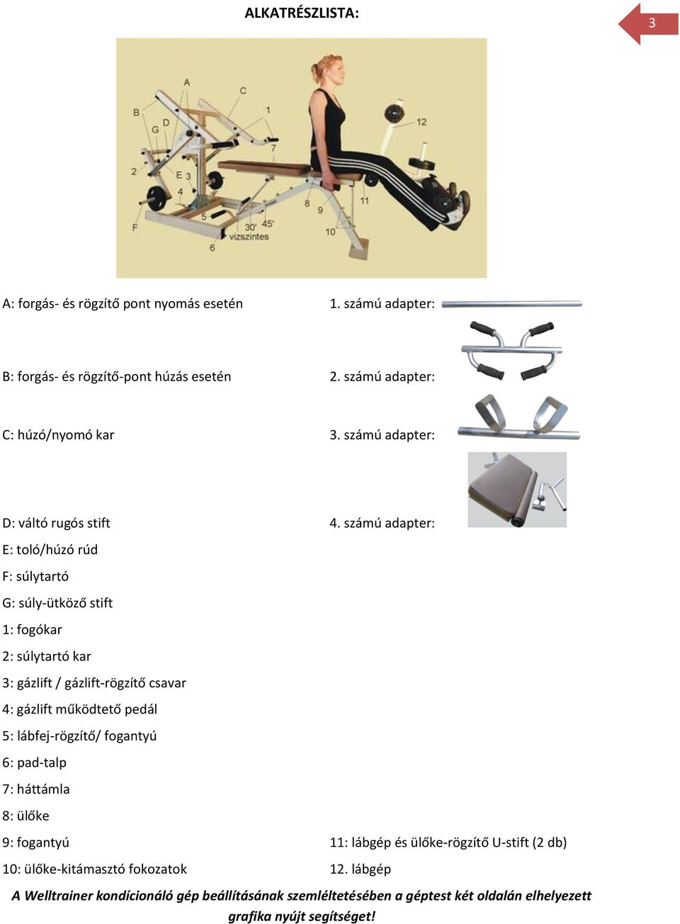 számú adapter: E: toló/húzó rúd F: súlytartó G: súly-ütköző stift 1: fogókar 2: súlytartó kar 3: gázlift / gázlift-rögzítő csavar 4: gázlift működtető pedál