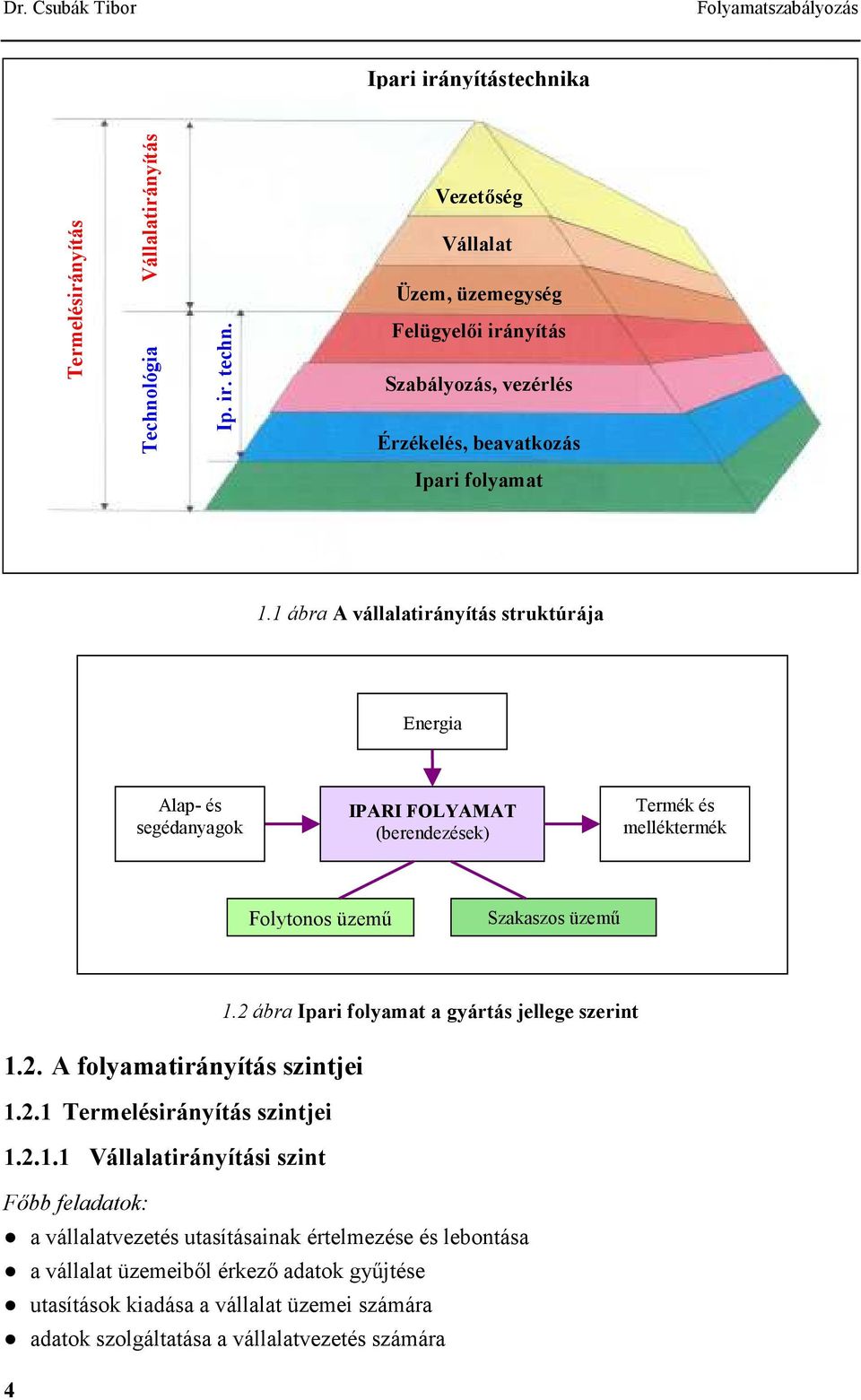 ábra A vállalatirányítás struktúrája Energia Alap- és segédanyagok IPARI FOLYAMAT (berendezések) Termék és melléktermék Folytonos üzemő Szakaszos üzemő.