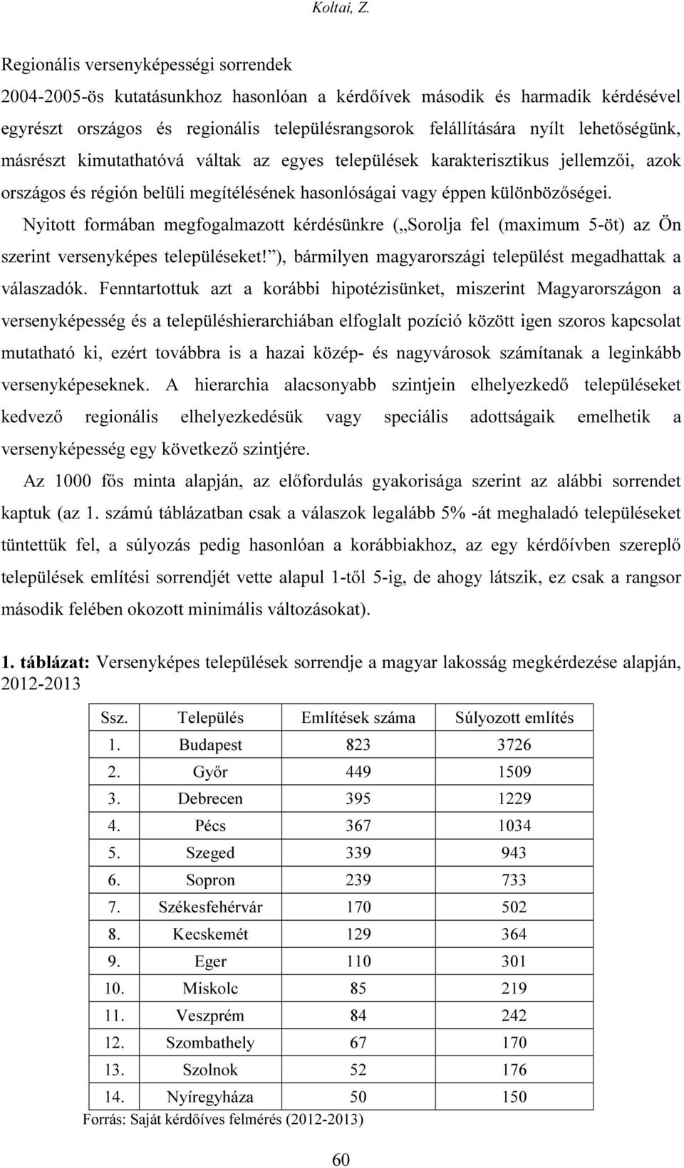 Nyitott formában megfogalmazott kérdésünkre ( Sorolja fel (maximum 5-öt) az Ön szerint versenyképes településeket! ), bármilyen magyarországi települést megadhattak a válaszadók.