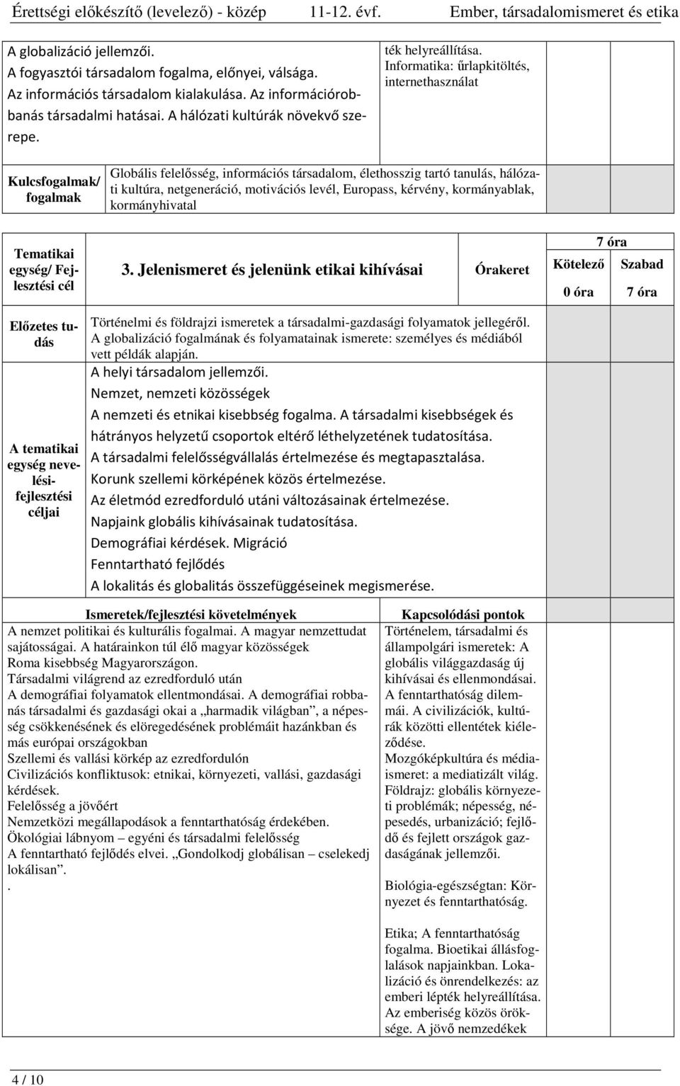 Informatika: űrlapkitöltés, internethasználat Kulcsfogalmak/ fogalmak egység/ Fejlesztési Globális felelősség, információs társadalom, élethosszig tartó tanulás, hálózati kultúra, netgeneráció,