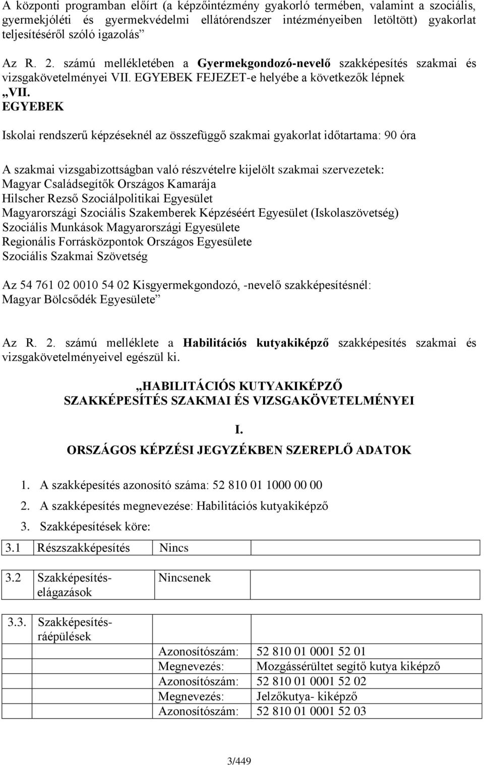 EGYEEK Iskolai rendszerű képzéseknél az összefüggő szakmai gyakorlat időtartama: 90 óra A szakmai vizsgabizottságban való részvételre kijelölt szakmai szervezetek: Magyar saládsegítők Országos