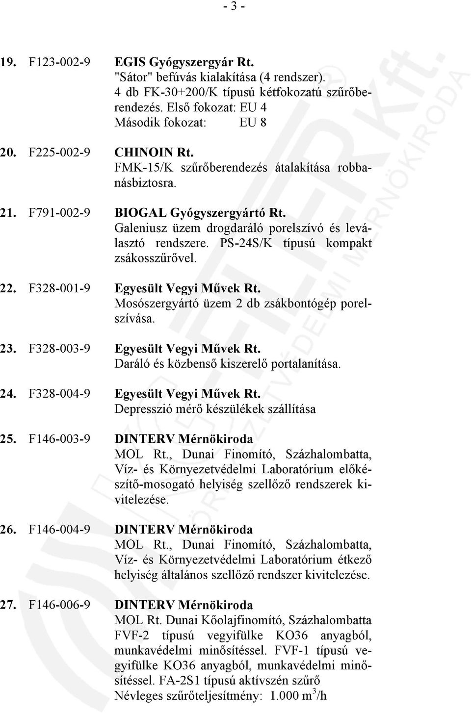 PS-24S/K típusú kompakt zsákosszűrővel. 22. F328-001-9 Egyesült Vegyi Művek Rt. Mosószergyártó üzem 2 db zsákbontógép porelszívása. 23. F328-003-9 Egyesült Vegyi Művek Rt.