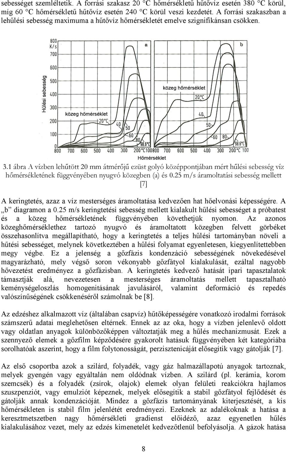 1 ábra A vízben lehűtött 20 mm átmérőjű ezüst golyó középpontjában mért hűlési sebesség víz hőmérsékletének függvényében nyugvó közegben (a) és 0.